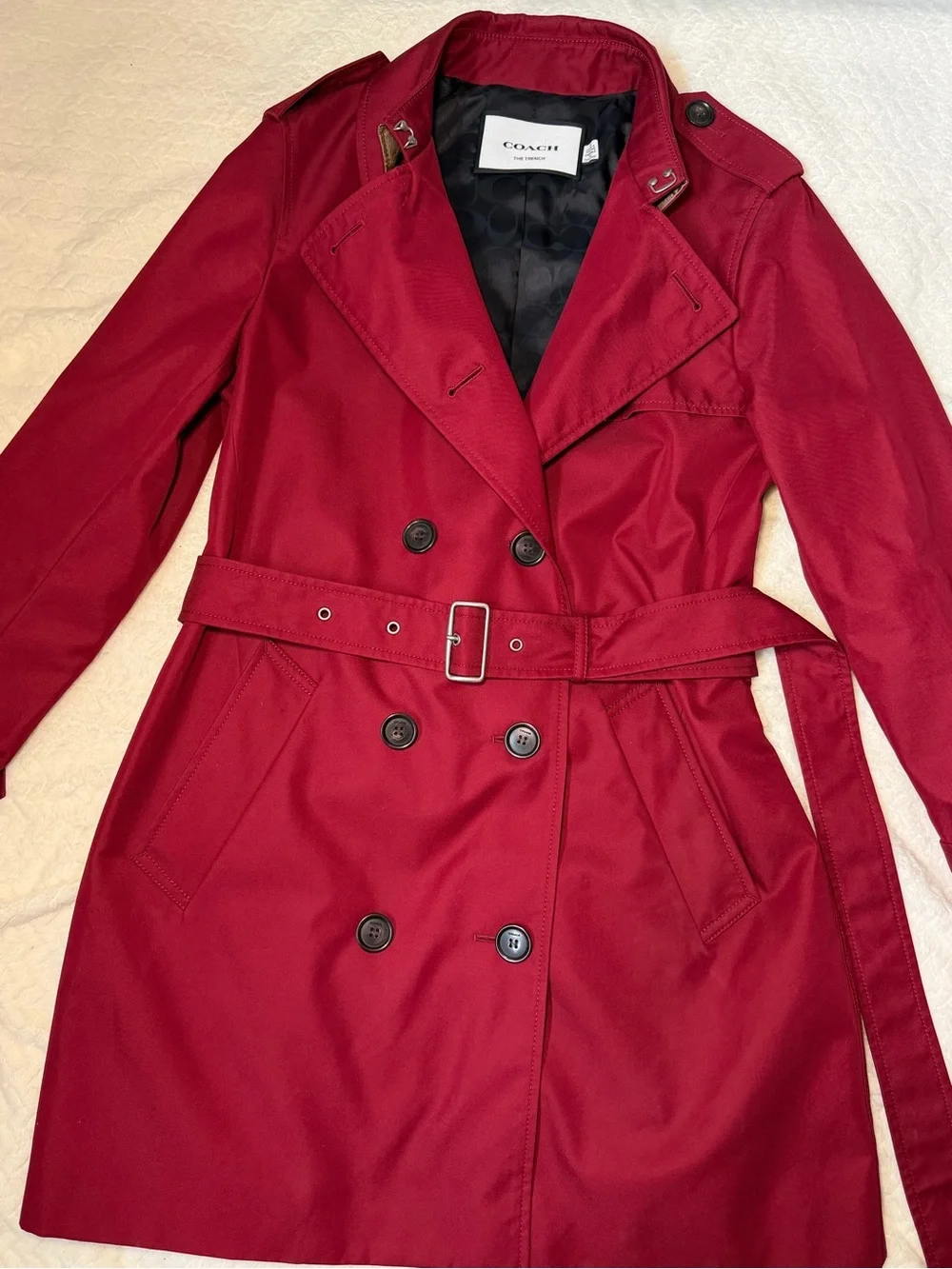 Coach Women's Deep Red Ruby Double-Breasted Trench Coat